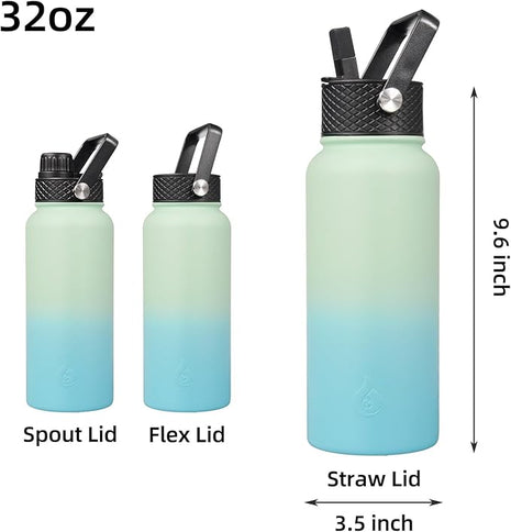BJPKPK Insulated Water Bottles with Straw Lid, 32oz Metal Large Water Bottle with 3 Lids, Reusable Leak Proof BPA Free Thermo, Stainless Steel Tumblers for Sports, Gym, Travel-Mint