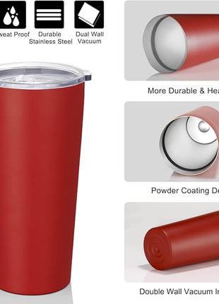 VEGOND 20oz Tumbler Bulk with Lid and Straw 1 Pack, Stainless Steel Vacuum Insulated Tumbler, Double Wall Coffee Cup Travel Mug, Red