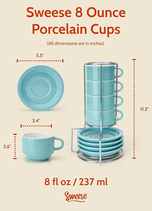Sweese 8 Ounce Porcelain Stackable Cappuccino Cups with Saucers and Metal Stand - for Specialty Coffee Drinks, Cappuccino, Latte, Americano and Tea - Set of 4, Turquoise