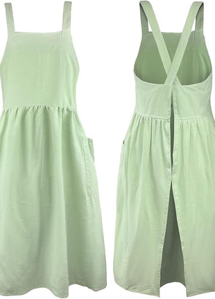 Uaussi Cotton Linen Apron Cross Back Work Apron for Women with Pockets Pinafore Dress X Cross Halter Apron for Chef Gardening