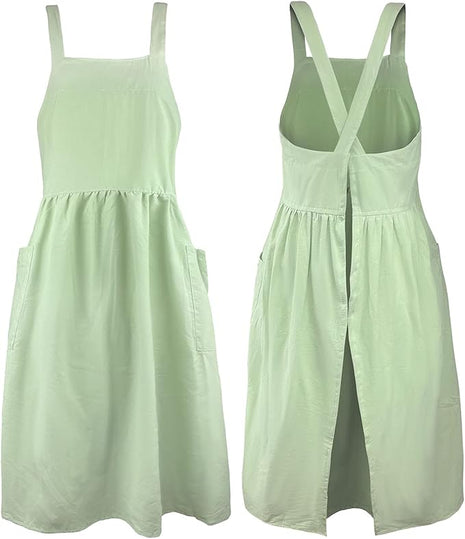 Uaussi Cotton Linen Apron Cross Back Work Apron for Women with Pockets Pinafore Dress X Cross Halter Apron for Chef Gardening