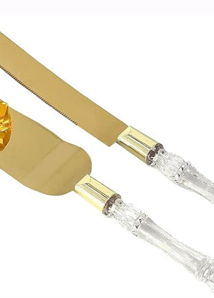Adorox Elegant Cake Knife and Server Set - Stainless Steel with Crystal Handle - Perfect for Weddings & Anniversaries,and Special Celebrations (Gold)
