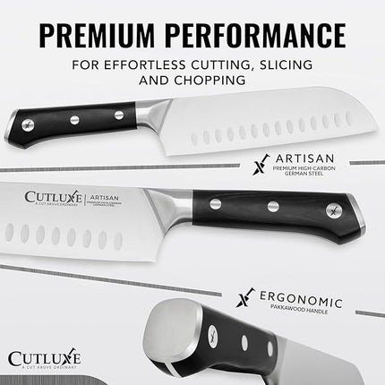 Cutluxe Santoku Knife – 7" Chopping Knife, Vegetable Knife – Forged High Carbon German Steel – Sheath Included – Full Tang & Razor Sharp – Ergonomic Handle Design – Artisan Series