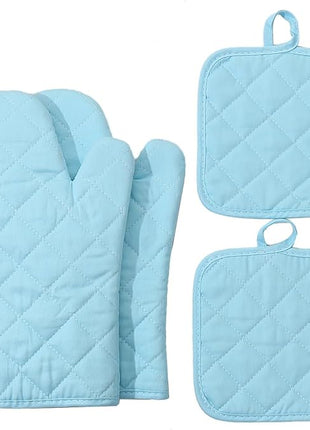 Oven Mitts and Pot Holders 4 pcs Set,High Heat Resistant 500 Degree Extra Thicken Long Kitchen Cotton Oven Glove for Cooking (12 Inch,Light Blue)