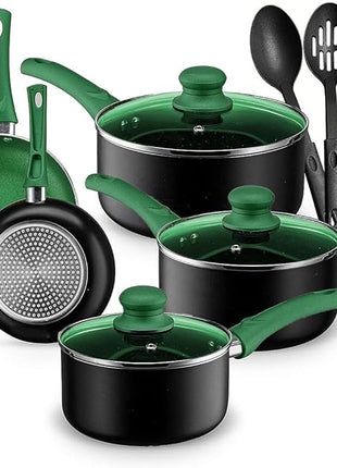 Chef's Star Pots And Pans Set Kitchen Cookware Sets Nonstick Aluminum Cooking Essentials 11 Pieces Green