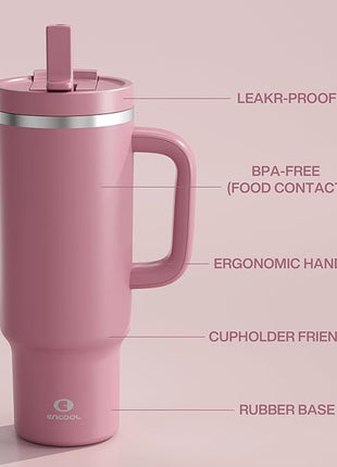 40 oz Tumbler with Handle and Straw: Stainless Steel Insulated Tumbler Keeps Cold for 24 Hours, Leakproof Travel Cup Fits in Cup Holder and BPA-Free,Turkish Rose