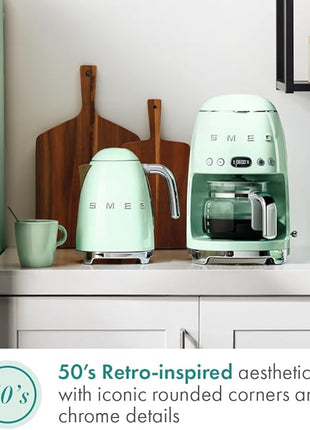Smeg 50's Retro Style Aesthetic Drip Coffee Machine with 10 Cup Glass Carafe, Auto Start Feature, Keep Warm Plate, and Two Coffee Strength Settings (Pastel Green)