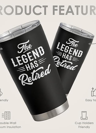 SANDJEST Retirement Gifts for Coworker, Colleagues - The Legend Has Retired Tumbler - Birthday, Christmas, Happy Retirement Gifts - 20oz Stainless Steel Insulated Coffee Travel Mug Gift for Men, Women