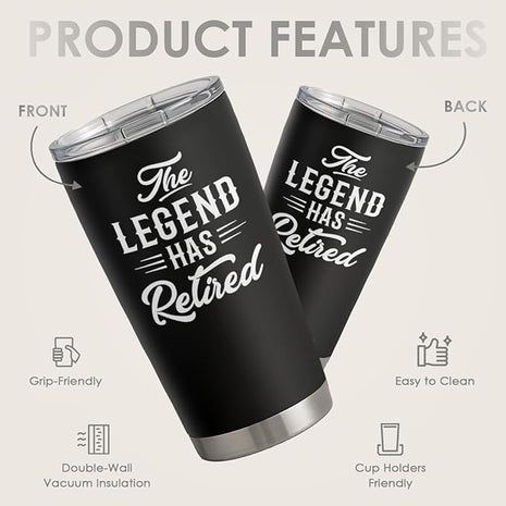 SANDJEST Retirement Gifts for Coworker, Colleagues - The Legend Has Retired Tumbler - Birthday, Christmas, Happy Retirement Gifts - 20oz Stainless Steel Insulated Coffee Travel Mug Gift for Men, Women