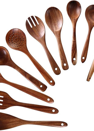 Wooden Spoons for Cooking, 10 Pcs Wooden Utensils for Cooking, NAYAHOSE Natural Teak Wood Spoons, Non-Stick Comfort Grip Kitchen Utensils Set