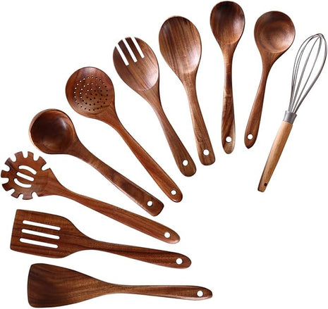 Wooden Spoons for Cooking, 10 Pcs Wooden Utensils for Cooking, NAYAHOSE Natural Teak Wood Spoons, Non-Stick Comfort Grip Kitchen Utensils Set