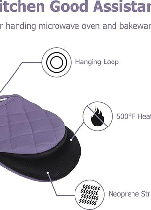 1 Pair Short Oven Mitts, Heat Resistant Silicone Kitchen Mini Oven Mitts for 500 Degrees, Non-Slip Grip Surfaces and Hanging Loop Gloves, Baking Grilling Barbecue Microwave Machine Washable