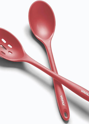 Silicone Spoons for Cooking - Extra Large Kitchen Spoons for Mixing, Serving, & Stirring - 600°F Heat-Resistant Non Stick Utensils Ladle & Skimmer- Dishwasher Safe, Red