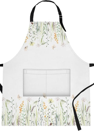 Britimes Floral Yellow Flowers Green Apron Home Kitchen Cooking Baking Gardening for Women Men with Pockets 32x28 inch