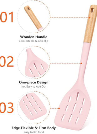 Pack of 2 Silicone Spatula, Non Stick Cooking Utensil Set Wooden Handle Kitchen Turner for Baking Mixing Grilling Serving Food Heat Resistant Non Scratch Hooks Included (Pink)