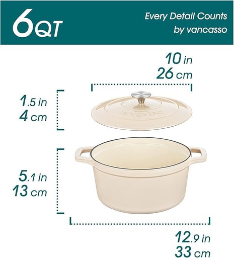 vancasso Cast Iron Dutch Oven, 6 QT Round Pot with Lid and Dual Handles, Non Stick Enamel Coating for Bread Baking, White
