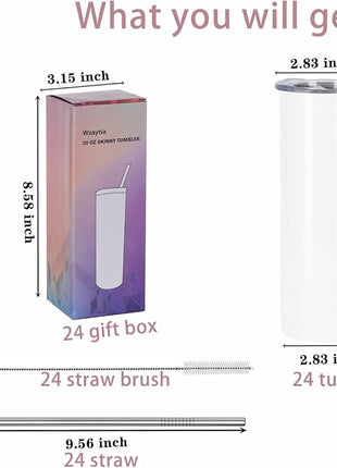 24 Pack 20 Oz Straight Skinny Tumblers,Individually Gift Boxed Stainless Steel Slim Skinny Tumbler Set Bulk, 20 Oz Insulated Slim Thin Travel Tumbler Cup for Diy, White