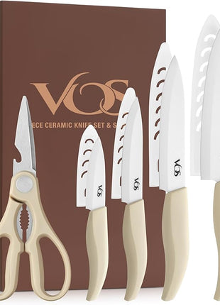 Vos Ceramic Knife Set in Elegant Gift Box, Ceramic Knives Set For Kitchen, Ultra Sharp Kitchen Knife Set & Covers, 3" 4" 5" 6" Paring, Santoku, utlity & Chef Knife, Scissors included (Off-White)