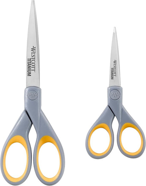 Westcott ‎13824 7” & 5” Pointed Titanium-Bonded Crafting Scissors with Soft Handles, Gray/Yellow (2 Pack)