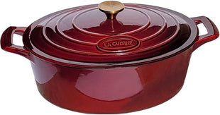 La Cuisine Enameled Cast Iron Oval Dutch Oven Casserole Dish Pot with Lid 5 QT Internal Matte Black Enamel Coating, Cranberry, Gold-Plated Stainless Steel Lid Handle, Oven Safe