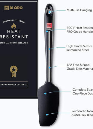 DI ORO Seamless Series Mini Silicone Spatula - BPA Free Pro-Grade 600ºF Heat-Resistant Non-Stick Small Rubber Jar Spatula - Silicone Kitchen Scraper Utensil Tool for Cooking and Baking (Black)