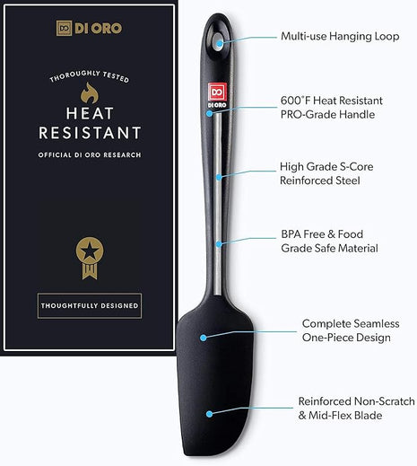 DI ORO Seamless Series Mini Silicone Spatula - BPA Free Pro-Grade 600ºF Heat-Resistant Non-Stick Small Rubber Jar Spatula - Silicone Kitchen Scraper Utensil Tool for Cooking and Baking (Black)