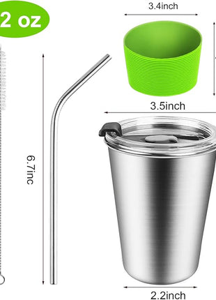 Kids Stainless Steel Cups, Kids Metal Drinking Glasses with Lids, Stainless Steel Straws and Sleeves, 12oz Reusable Water Tumbler for Children and Adults, Apply to Indoor and Outdoor