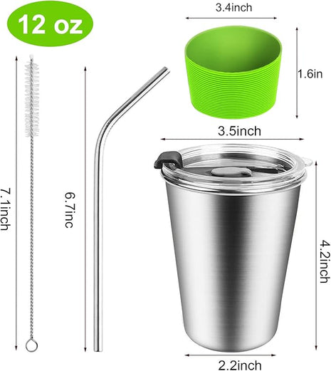 Kids Stainless Steel Cups, Kids Metal Drinking Glasses with Lids, Stainless Steel Straws and Sleeves, 12oz Reusable Water Tumbler for Children and Adults, Apply to Indoor and Outdoor