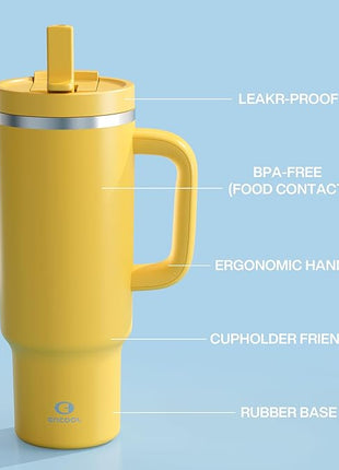 ENCOOL 40 oz Tumbler with Handle and Straw: Stainless Steel Insulated Tumbler Keeps Cold for 24 Hours, Leakproof Travel Cup Fits in Cup Holder and BPA-Free,Elfin Yellow