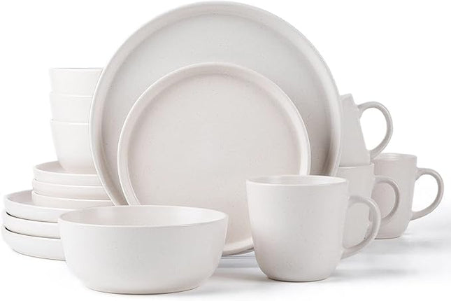 SKUGGA Round Stoneware 16pc Dinnerware Set of 4, Dinner Plates, Side Plates, Cereal Bowls, Mugs - Matte White (466817)