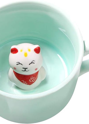 3D Coffee Mug Animal Inside Cup 8 oz with Lucky Cat,Cute Cartoon Handmade Ceramics Cup,Christmas Birthday Surprise for Friends Family or Kids (Lucky Cat)