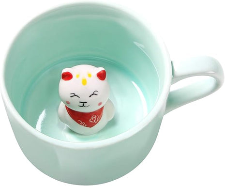 3D Coffee Mug Animal Inside Cup 8 oz with Lucky Cat,Cute Cartoon Handmade Ceramics Cup,Christmas Birthday Surprise for Friends Family or Kids (Lucky Cat)