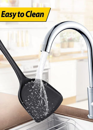 Pack of 2 Silicone Wok Spatula, Non-Stick, Heat Resistant, Easy to Clean and Dishwasher Safe, Seamless Kitchen Utensil for Cooking, Baking, Stir-Fry (Black)