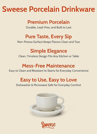 Sweese Porcelain Cappuccino Cups Set - 8 oz Stackable Coffee Mugs with Saucers, Metal Stand, Dove Grey, Set of 4