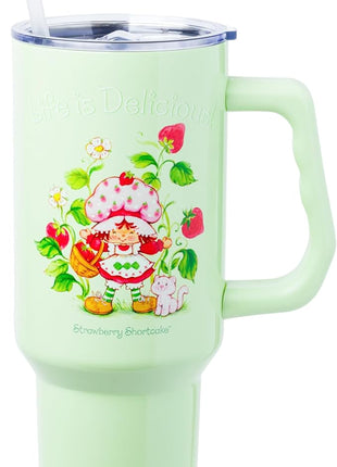 Silver Buffalo Strawberry Shortcake and Custard “Life is Delicious!” Stainless Steel Tumbler with Handle, Fits in Standard Cup Holder, 40 Ounces