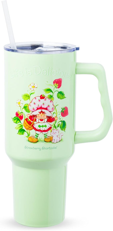 Silver Buffalo Strawberry Shortcake and Custard “Life is Delicious!” Stainless Steel Tumbler with Handle, Fits in Standard Cup Holder, 40 Ounces
