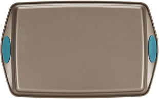Rachael Ray Cucina Nonstick Bakeware Set with Grips, Nonstick Cookie Sheet / Baking Sheet and Crisper Pan - 2 Piece, Latte Brown with Agave Blue Handle Grips