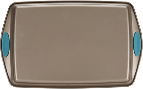 Rachael Ray Cucina Nonstick Bakeware Set with Grips, Nonstick Cookie Sheet / Baking Sheet and Crisper Pan - 2 Piece, Latte Brown with Agave Blue Handle Grips