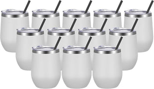 VEGOND Wine Tumblers Bulk 12 Pack, 12oz Stainless Steel Stemless Wine Glass with Lids and Straws, Double Wall Vacuum Insulated Tumbler Cup, Coffee Mug for Cold Hot Drinks