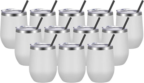 VEGOND Wine Tumblers Bulk 12 Pack, 12oz Stainless Steel Stemless Wine Glass with Lids and Straws, Double Wall Vacuum Insulated Tumbler Cup, Coffee Mug for Cold Hot Drinks