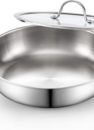 Cooks Standard Multi-Ply Clad Stainless Steel Wok Stir Fry Pan with Glass Lid, 12-inch large Stainless Steel Deep Frying Pan, Everyday Chef's Pan Flat Bottom Wok Induction Cookware