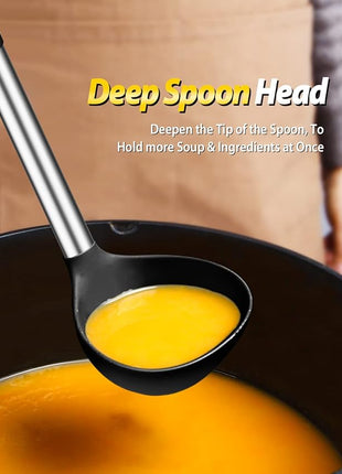 Silicone Pasta Fork and Ladle Spoon Set, Large Non Stick Kitchen Utensils for Cooking,Stirring,Serving Spaghetti, Soup, Sauce (BLACK)