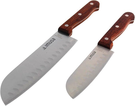 IMUSA, 2pc 5" & 7" Santoku Knife Set w/Wood Handle, Stainless Steel Kitchen Cooking Knifes