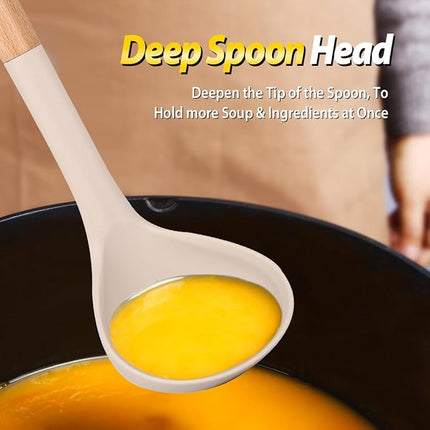 Silicone Pasta Fork and Ladle Spoon Set with Wooden Handle, Heat Resistant Non Stick Kitchen Utensils for Cooking, Stirring, Serving Spaghetti, Soup, Sauce(KHAKI)