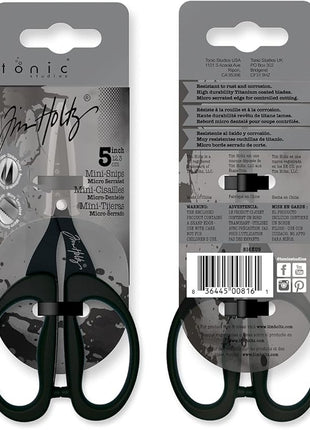 Tim Holtz Small Scissors - 5 Inch Mini Snips with Micro Serrated Blade - Craft Tool for Cutting Paper, Fabric, and Sewing - Titanium with Black Comfort Grip Handles