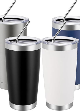 MEWAY 20oz Tumbler 4 Pack Double Wall Vacuum Insulated Travel Mug Bulk, Mix Color Stainless Steel Tumblers with Lid and Straw, Durable Powder Coated Coffee Cups for Cold & Hot Drinks（Mix Color, 4