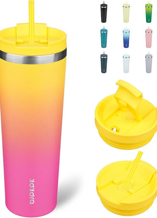 BJPKPK 30oz Stainless Steel Insulated Tumbler With lid And Straw Travel Coffee Thermal Tumblers Cup For Women And Men,Pink Yellow Rose
