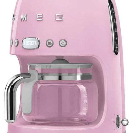 Smeg 50's Retro Style Aesthetic Drip Coffee Machine with 10 Cup Glass Carafe, Auto Start Feature, Keep Warm Plate, and Two Coffee Strength Settings (Pink)