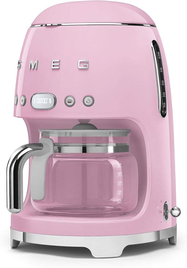 Smeg 50's Retro Style Aesthetic Drip Coffee Machine with 10 Cup Glass Carafe, Auto Start Feature, Keep Warm Plate, and Two Coffee Strength Settings (Pink)