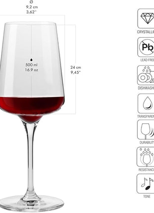 Krosno Red Wine Glasses | Elegant Design | Set of 6 | 16.9 oz | Infinity Collection | Ideal for Home, Restaurants and Receptions | Dishwasher Safe | Lead-Free Crystal Glass